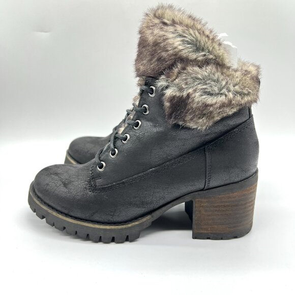 Carlos By Carlos Santana Size 7 Black Fur Trimmed Lug Sole Combat Boots Shoes - Picture 3 of 8